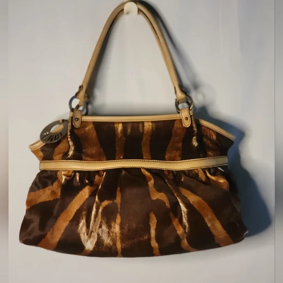Fendi Vintage Rare Brown & Tan Pony fur Leather Hand Bag, Tiger Print - Picture 3 of 16